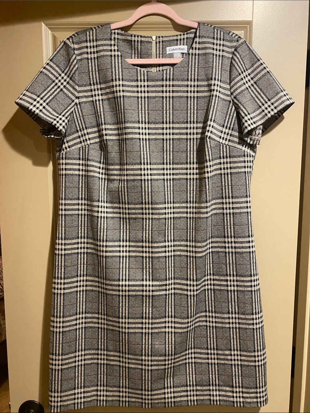 Calvin Klein Brown Black Tan Plaid Short Sleeve Sheath Dress Size 16 Metallic Tw